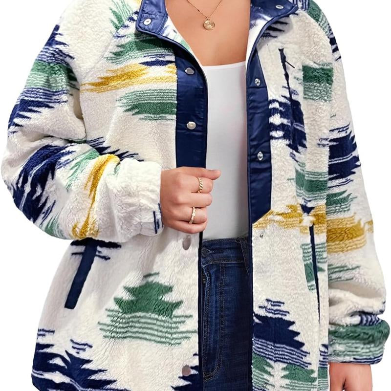 IN'VOLAND plus Size Womens Fleece Jacket Western Aztec Print Long Sleeve Snap Button down Shacket with Pockets