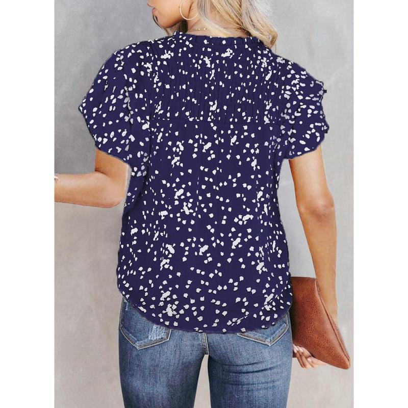 Dokotoo Women'S Casual V Neck Alicia Floral Print Smocked Short Sleeve Chiffon Blouses Bohemian Top Shirts