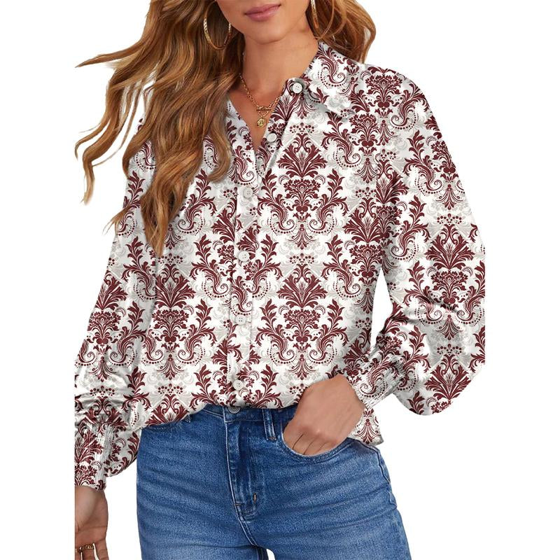 Dokotoo Women'S Casual V Neck Allover Floral Print Long Sleeve Chiffon Button down Blouses Bohemian Top Shirts