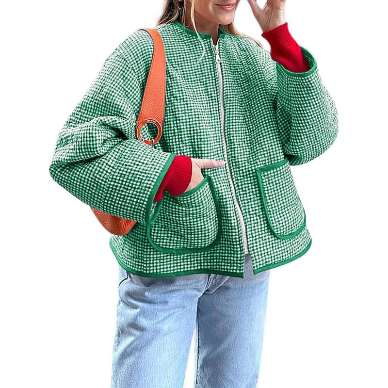 LAICIGO Womens Fall Winter Warm Jackets Fashion Crew Neck Quilted Plaid Jacket Full Zipper Coats
