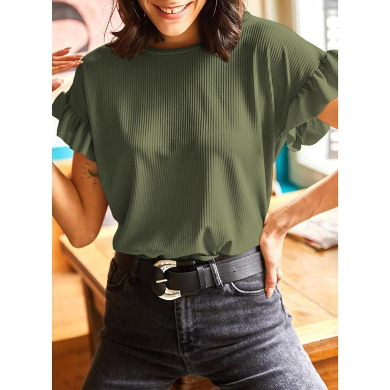 EVALESS Womens Short Sleeve Casual Camisole T Shirts Summer Ruffle Plain Crewneck Knitter Comfort Loose Fitted Basic Tee Tops Womenswear