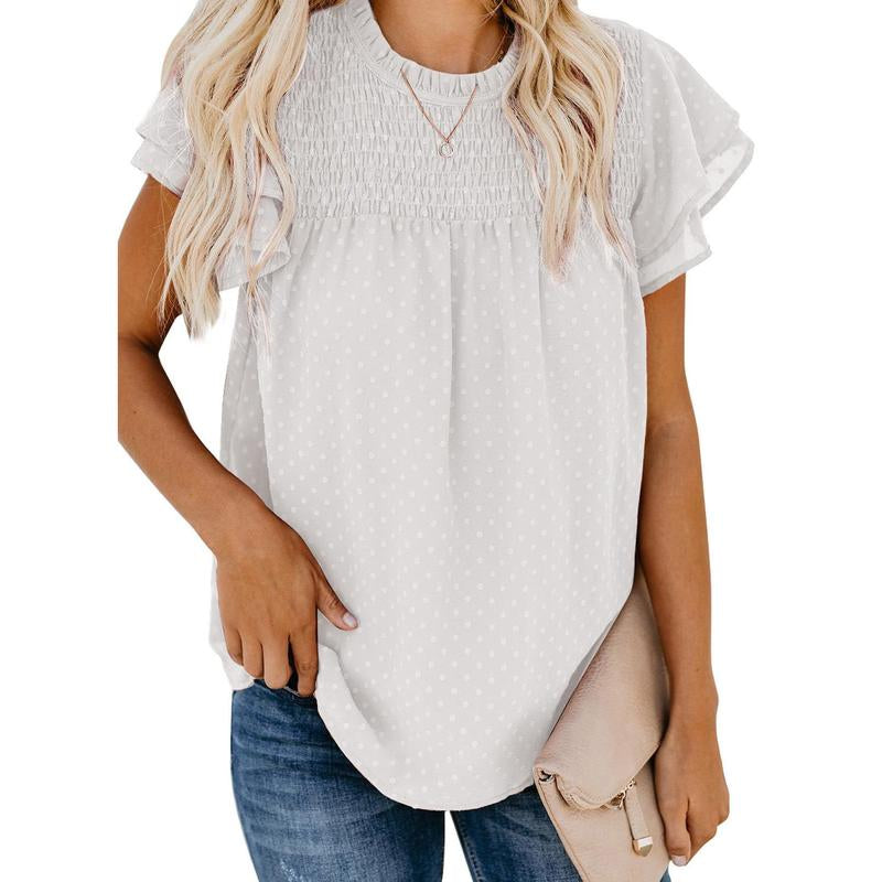 Dokotoo Womens Crewneck Lace Crochet Pom Pom Flowy Short Sleeve Casual Shirts Blouses Tops Summer Fit Denim Fashion Women'S Summer Outfits