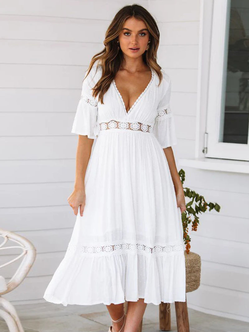 Summer White Long Dress Women Boho Hollow Out Patchwork Dress Short Sleeve V-Neck Loose Dress Fashion Casual Elegant Woman Dress
