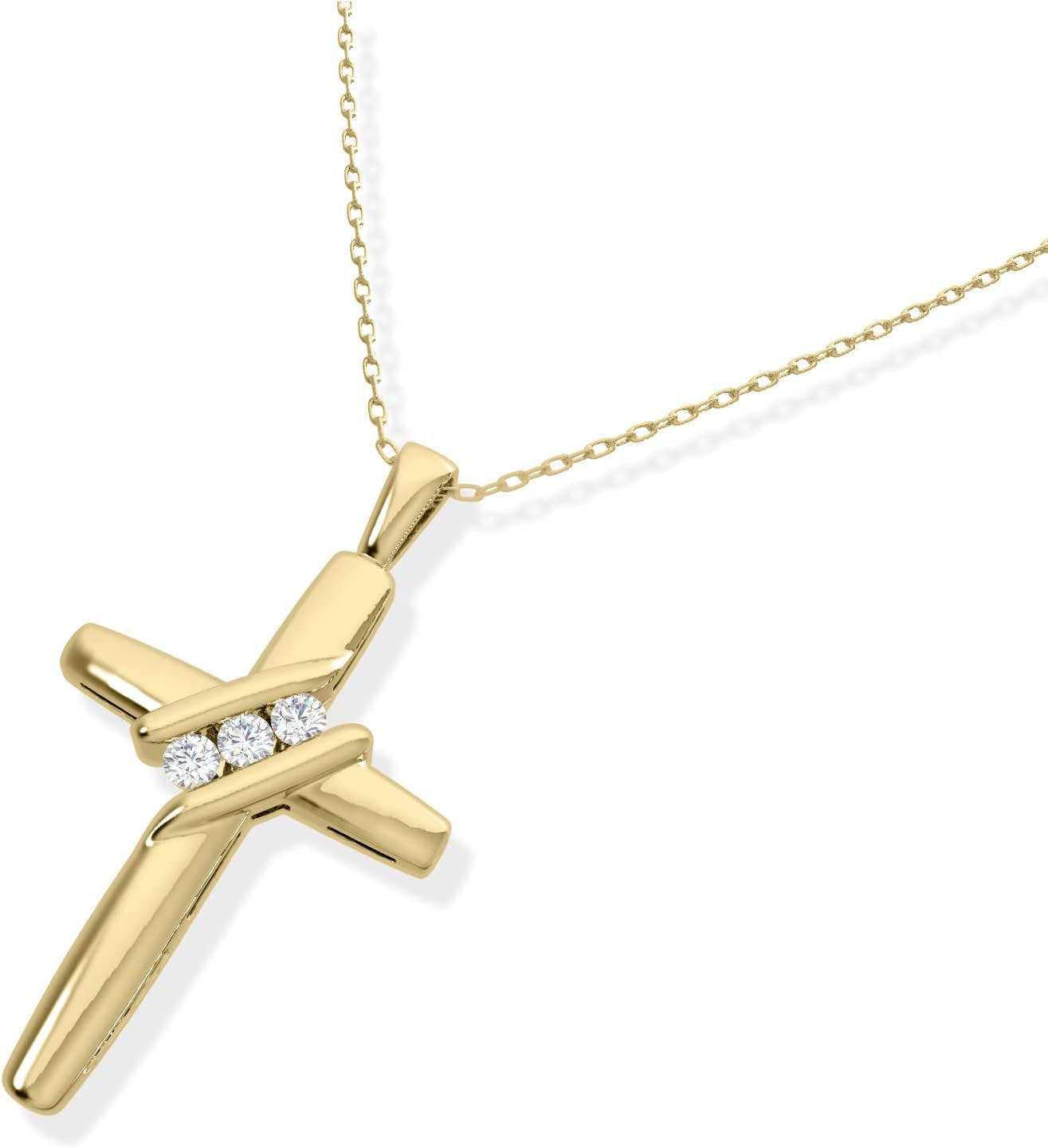 10K Diamond Three-Stone Cross Pendant Necklace Religious Jewelry (0.05Cttw, I-J/I2-I3) 18"