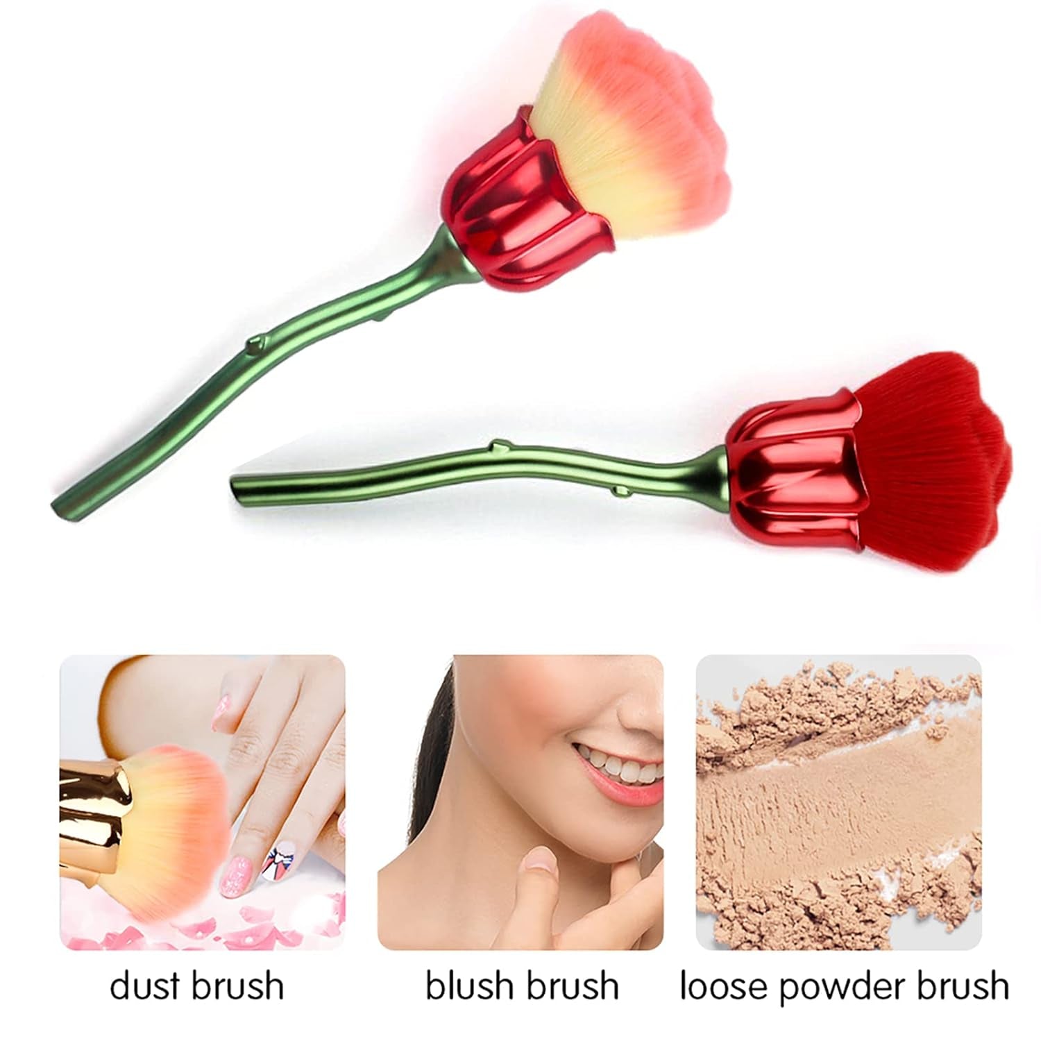 2 Pieces Rose Flower Makeup Brushes Flower Blush Brush Large Face Powder Makeup Brushes Kabuki Brushes for Powder Cosmetic Nail Dust Brush Loose Powder Brush Makeup Tools (Red/Yellow Pink)