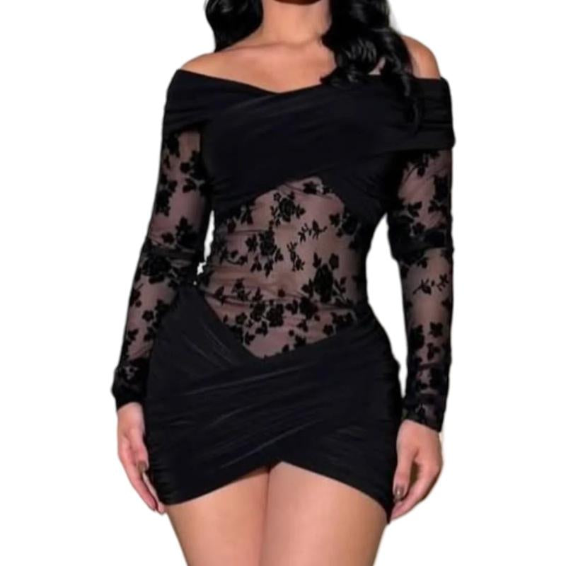 Off Shoulder Flower Detail Mesh Dress Women