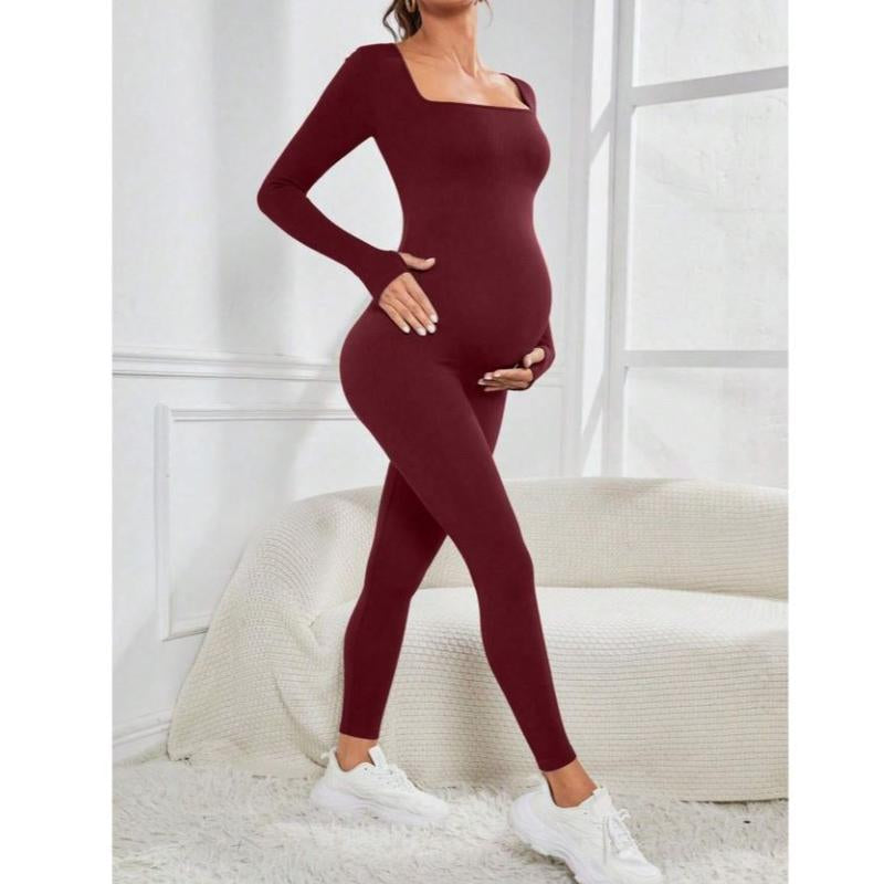 Maternity Seamless Yoga Jumpsuits Women'S One Piece Ribbed Square Neck Long Sleeved Romper with Workout Features