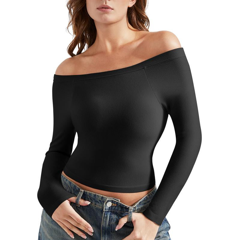 OMKAGI Women Long Sleeve Tops Boat Neck off Shoulder Going Out Y2K Tops T-Shirts