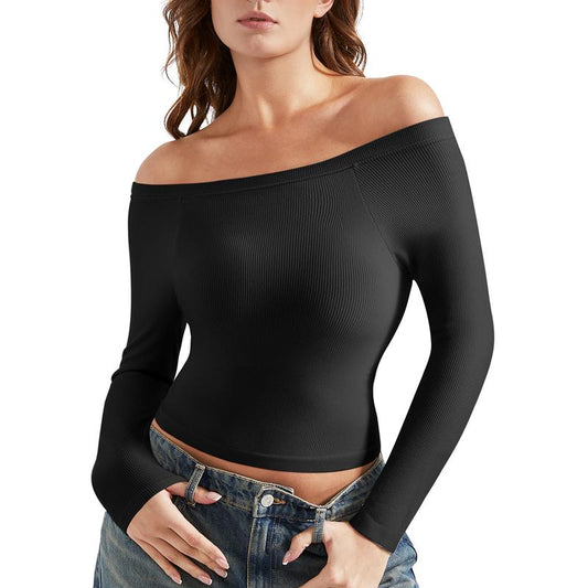 OMKAGI Women Long Sleeve Tops Boat Neck off Shoulder Going Out Y2K Tops T-Shirts