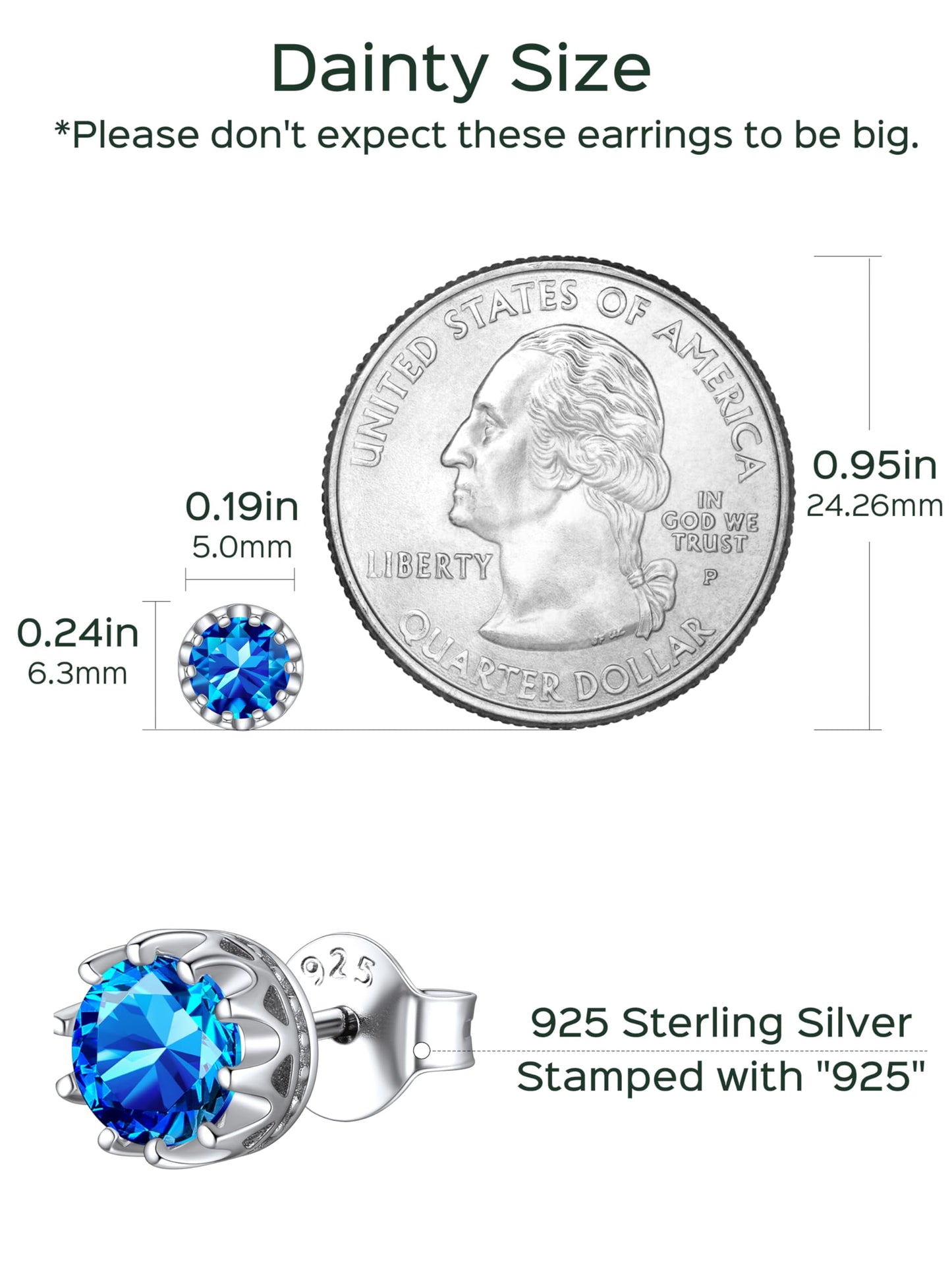 925 Sterling Silver Stud Earrings for Women 5Mm round Brilliant Crown Birthstone Birthday Party Prom Jewelry Gift