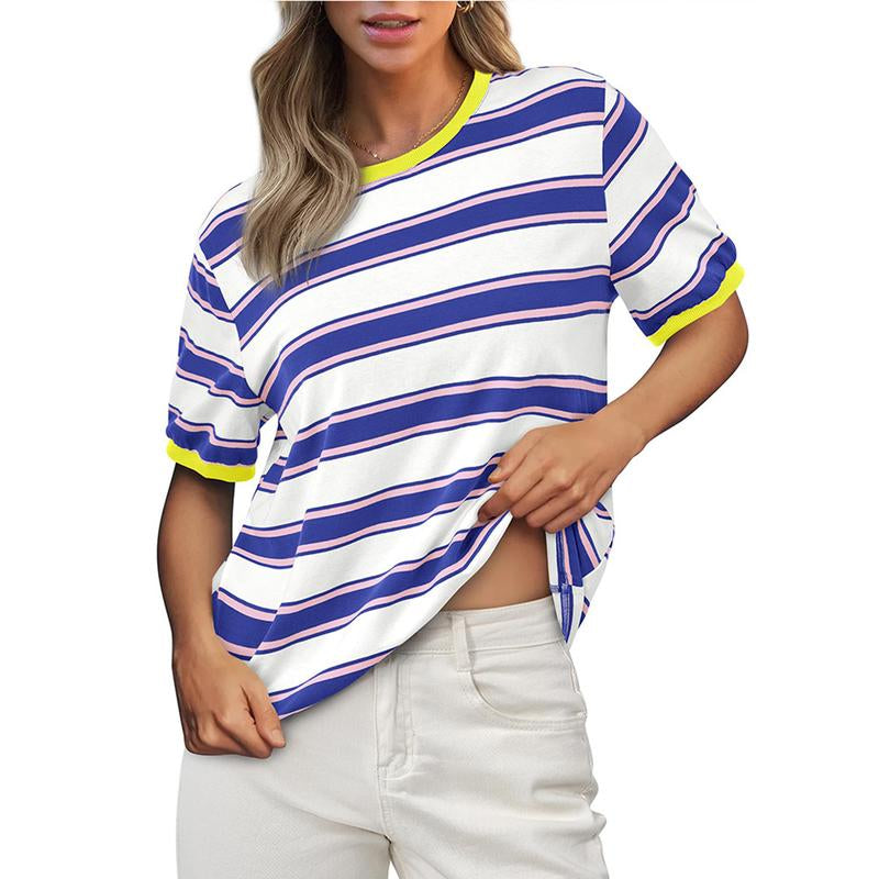 Womens Summer Tops Striped Color Block Short Sleeve T-Shirts Crewneck Casual Loose Basic Tee Blouses Outdoor Day Shirts Women