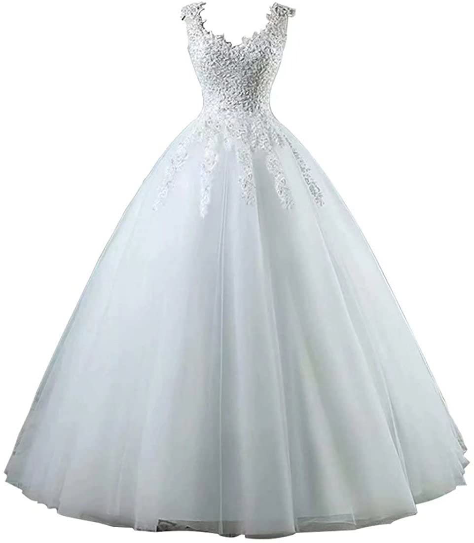 Lace Wedding Dresses for Bride 2024 V-Neck Lace Appliques Beaded A Line Tulle Backless Bridal Gown with Train Ivory 4