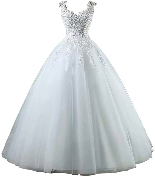Lace Wedding Dresses for Bride 2024 V-Neck Lace Appliques Beaded A Line Tulle Backless Bridal Gown with Train Ivory 4