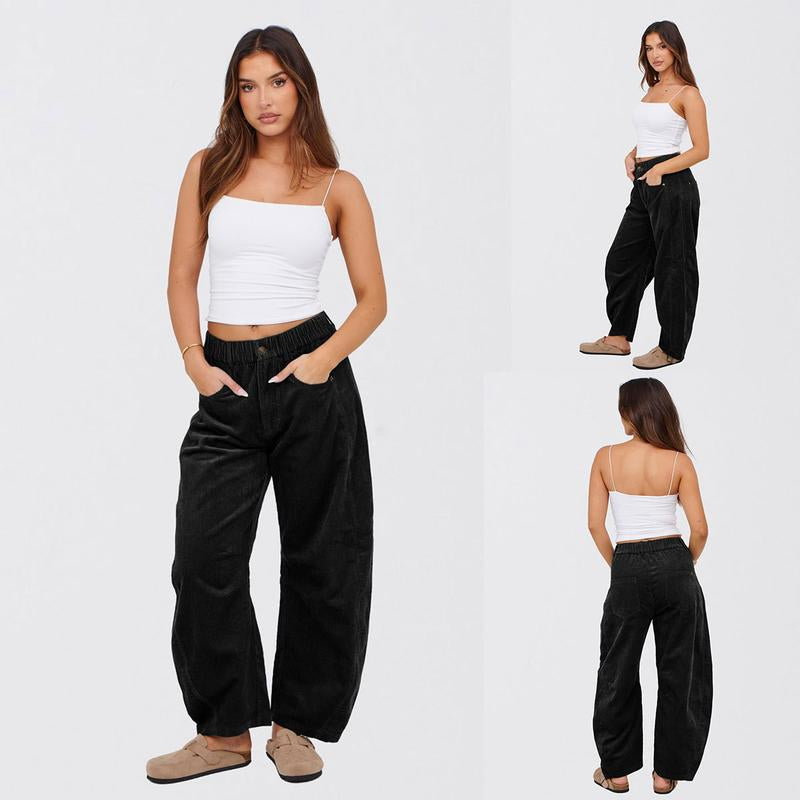 Naeduo Women'S Corduroy Pants Barrel Mid-Rise Elastic Waist Cord Pants Casual Wide Leg Baggy Trouser with Pockets