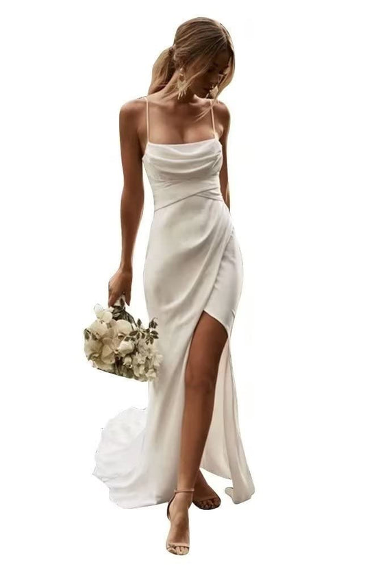 Dessiny Spaghetti Straps Wedding Dresses for Bride Long Split Sleeveless Sexy Boho Open Back Beach White Bridal Dresses 14