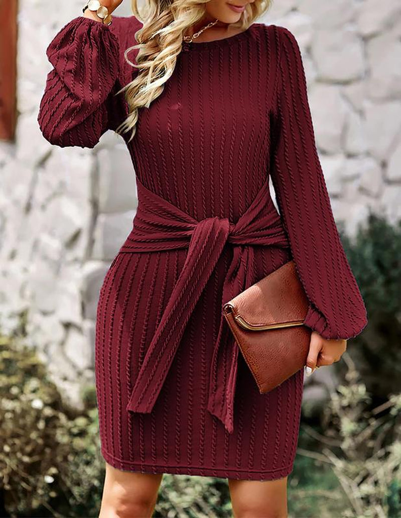 ZEAGOO Christmas Women'S Casual Knit Dress Long Lantern Sleeve Fall Bodycon Dress Crewneck Tie Waist Rib Knitted Sweater Dresses