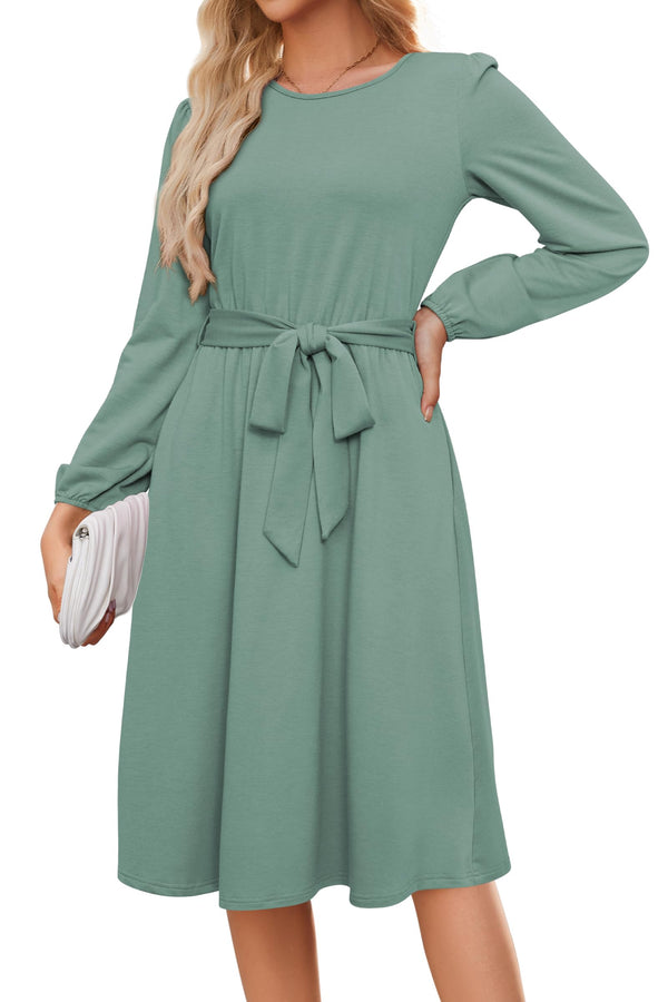 Newshows Fall Dresses for Women 2024 Long Sleeve Casual Crewneck Tie Waist Formal Wedding Guest Business Work Midi Dress(Gray GreenS)