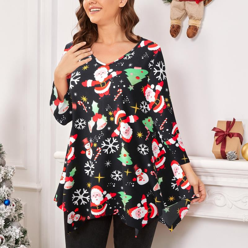 LARACE plus Size Tops for Women 3/4 Sleeve Christmas Crewneck Blouses Shirts Tunic Womenswear Asymmetrical Plussize Basic Top Dress Flowy Fabric Fit Christmas Clothes Blouse Women Tops Basic Minimalist Christmas T-Shirts Comfortable Tops Outfits Suits