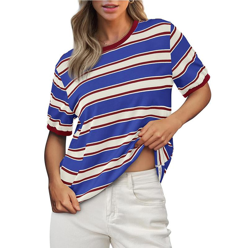 Womens Summer Tops Striped Color Block Short Sleeve T-Shirts Crewneck Casual Loose Basic Tee Blouses Outdoor Day Shirts Women