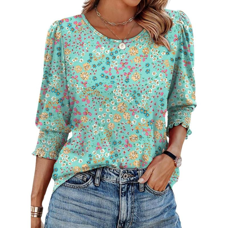 WIHOLL Blouses for Women Dressy Casual 3/4 Length Sleeve Womens Tops with Smocked Cuffs
