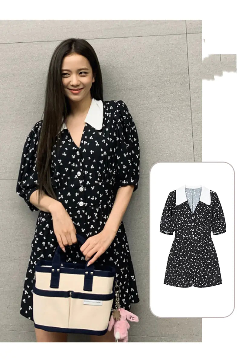 Jisoo-Inspired Black Floral High-Waist Jumpsuit Dress