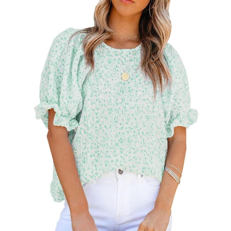 Dokotoo Floral Print Blouses for Women Crewneck Smocked Puff Sleeve Shirts Casual Babydoll Tops