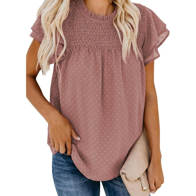 Dokotoo Womens Crewneck Lace Crochet Pom Pom Flowy Short Sleeve Casual Shirts Blouses Tops Summer Fit Denim Fashion Women'S Summer Outfits