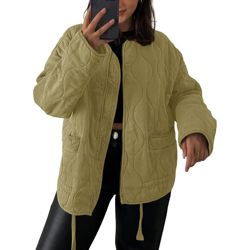 Womens Collarless Lightweight Quilted Jackets Casual Oversized Puffer Coats Zip up Drawstring Outerwe