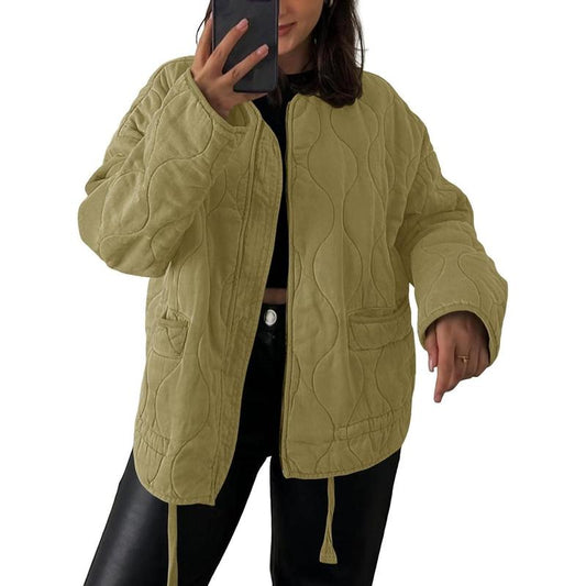 Womens Collarless Lightweight Quilted Jackets Casual Oversized Puffer Coats Zip up Drawstring Outerwe