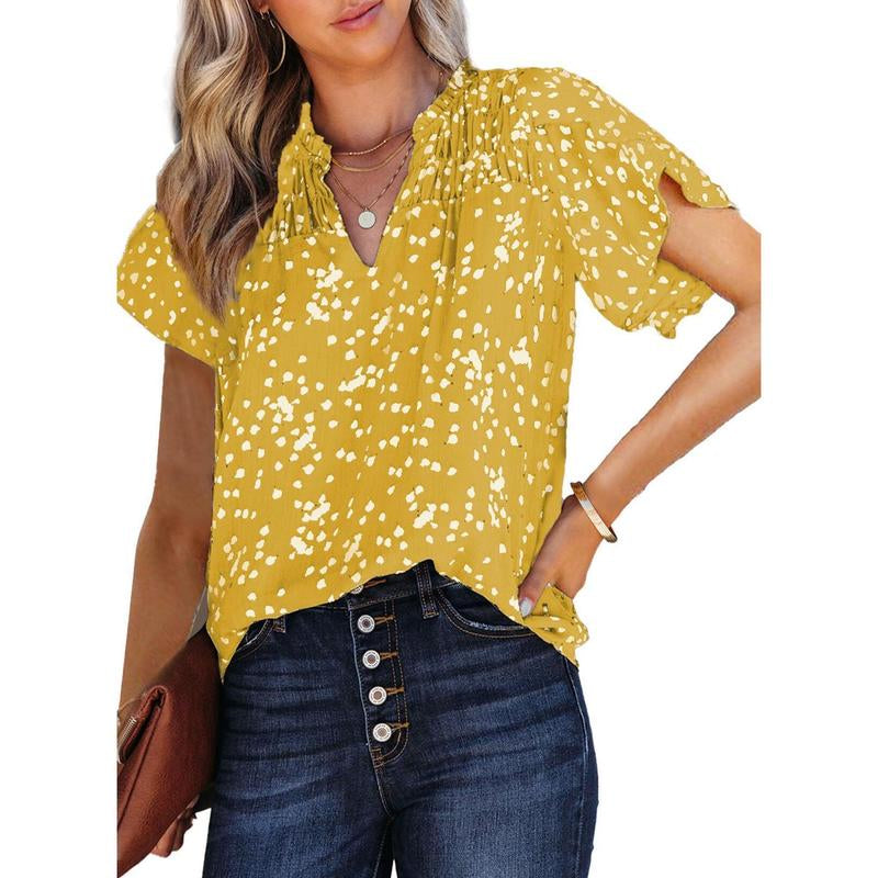 Dokotoo Women'S Casual V Neck Alicia Floral Print Smocked Short Sleeve Chiffon Blouses Bohemian Top Shirts