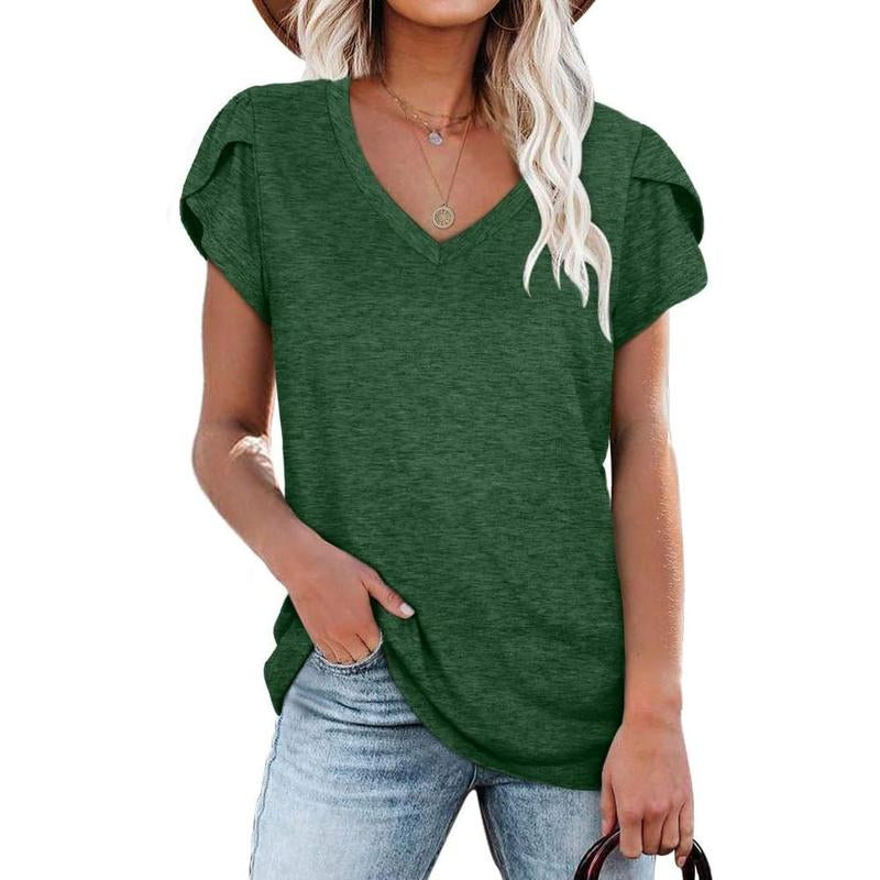 WIHOLL Womens Tops V Neck Summer Petal Sleeve Casual Tshirts