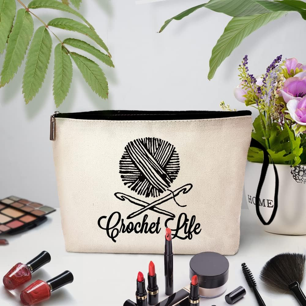 Crochet Life Funny Cosmetic Bag, for Travel Toiletry Zipper Storage Pouch Makeup Bag, Crochet Knit Lover Gifts, Birthday Present for Crochet Friends, Knitting Theme Cosmetic Bag, Yarn Lovers Gifts