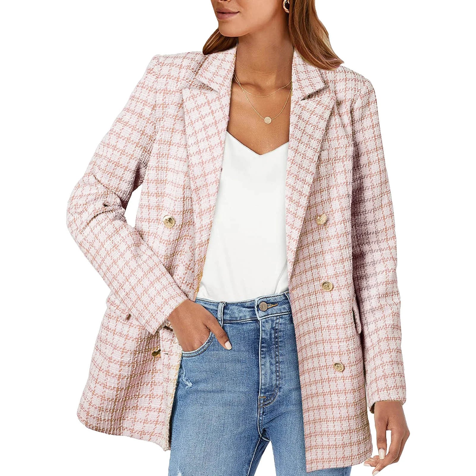 Womens Tweed Blazers Casual Jackets Long Sleeve Double Open Front Plaid Blazer Jackets Work Suits(Pink,M)