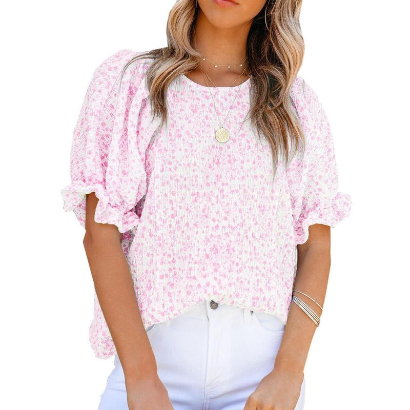 Dokotoo Floral Print Blouses for Women Crewneck Smocked Puff Sleeve Shirts Casual Babydoll Tops