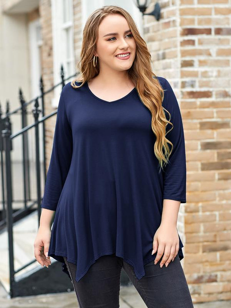 LARACE plus Size Tops for Women 3/4 Sleeve Christmas Crewneck Blouses Shirts Tunic Womenswear Asymmetrical Plussize Basic Top Dress Flowy Fabric Fit Christmas Clothes Blouse Women Tops Basic Minimalist Christmas T-Shirts Comfortable Tops Outfits Suits