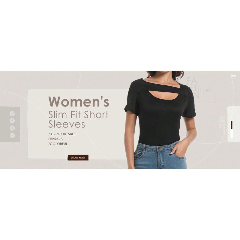 Womens Summer Short Sleeve T Shirts Knit Slim Fit One Piece Cutout Scoop Neck Going Out Date Night Tops