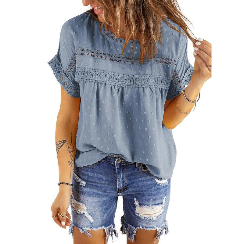 Dokotoo Womens Summer Tops Crewneck Lace Crochet Short Sleeve Shirts Casual Chiffon Blouses