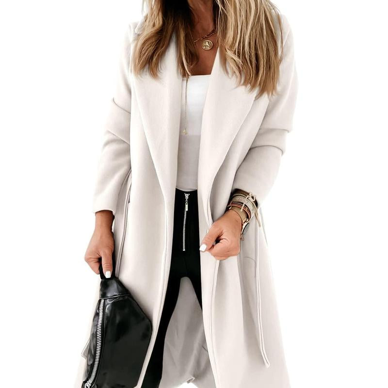 Imily Bela Womens Classic Coat Lapel Collar Open Front Belted Long Jacket M9S050