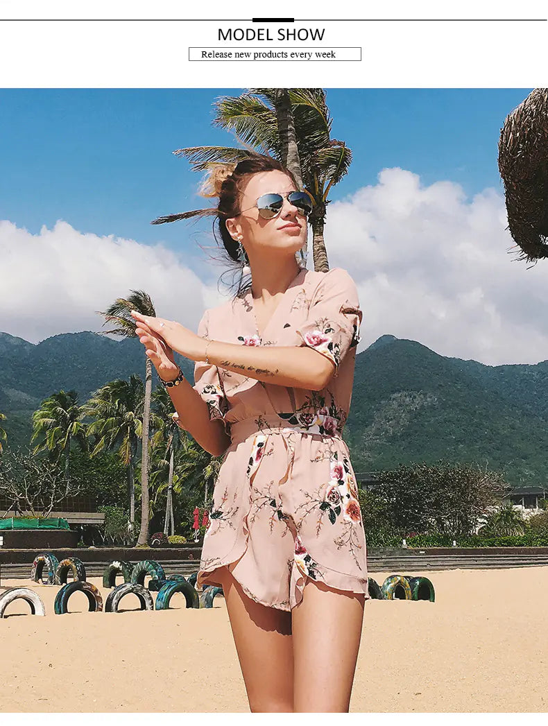 Bohemian V-Neck Ruffled Sleeve Print Jumpsuit Dress