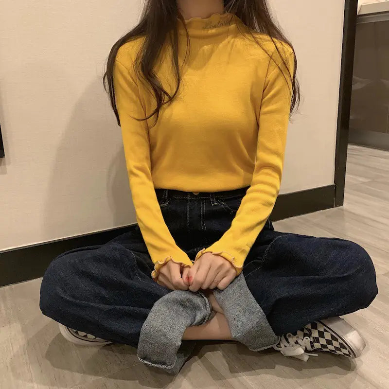 Korean Style Thick High Neck Embroidered Knit Top