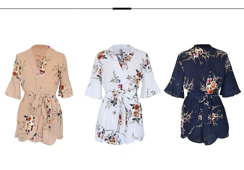 Bohemian V-Neck Ruffled Sleeve Print Jumpsuit Dress