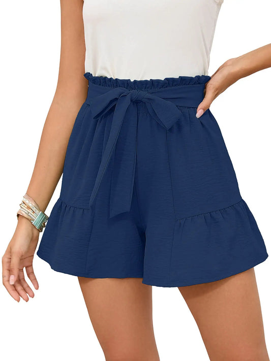 Summer High Waist Wide Leg Shorts for Womens Casual Loose Elastic Waist Lounge Beach Shorts with Pockets, US Size 2XL, Dark Blue