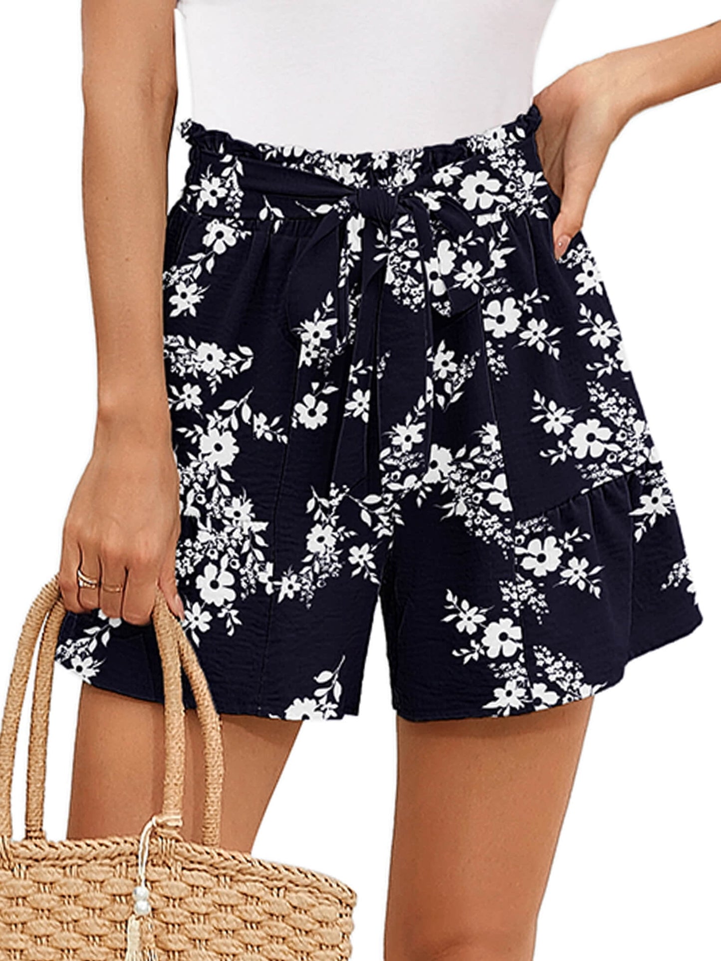 Summer High Waist Wide Leg Shorts for Womens Casual Loose Elastic Waist Lounge Beach Shorts with Pockets, US Size 2XL, Dark Blue