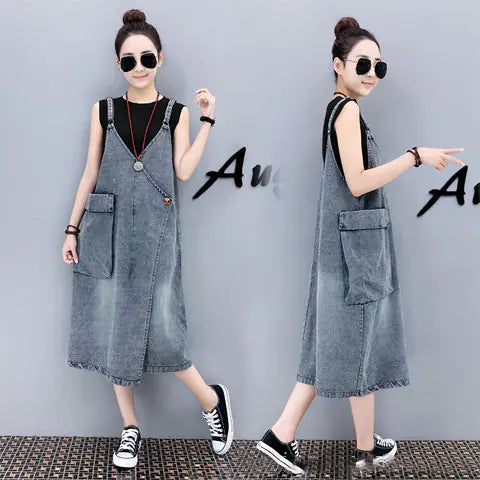 Plus Size Artistic Loose Denim Jumpsuit Dress for Spring