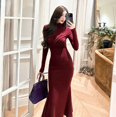 Retro Long Sleeve Slimming Fishtail Dress