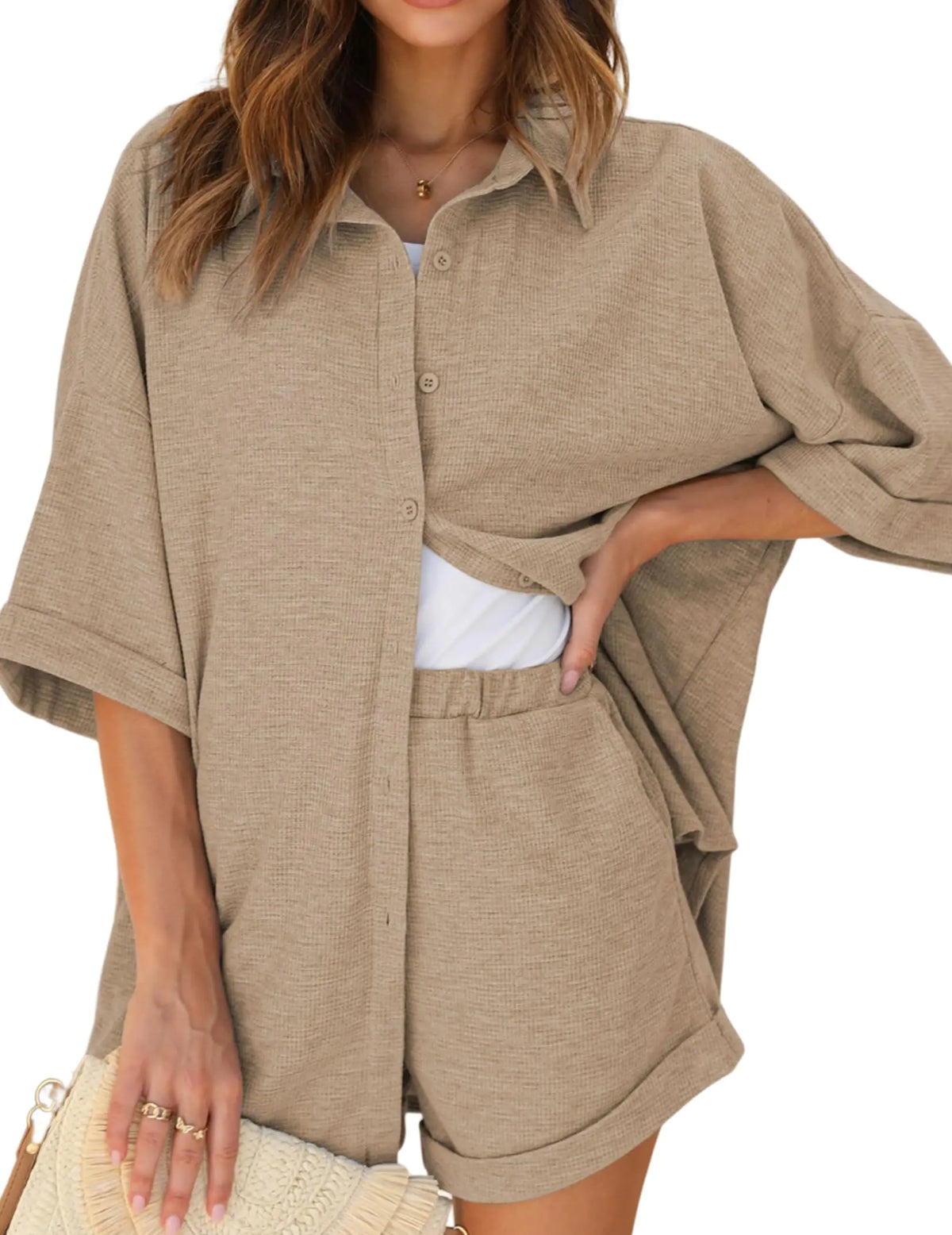 Ekouaer Waffle Knit Lounge Sets for Women Short Sleeve Pajamas Button Down Pjs Oversized Loungewear Shorts Set Khaki