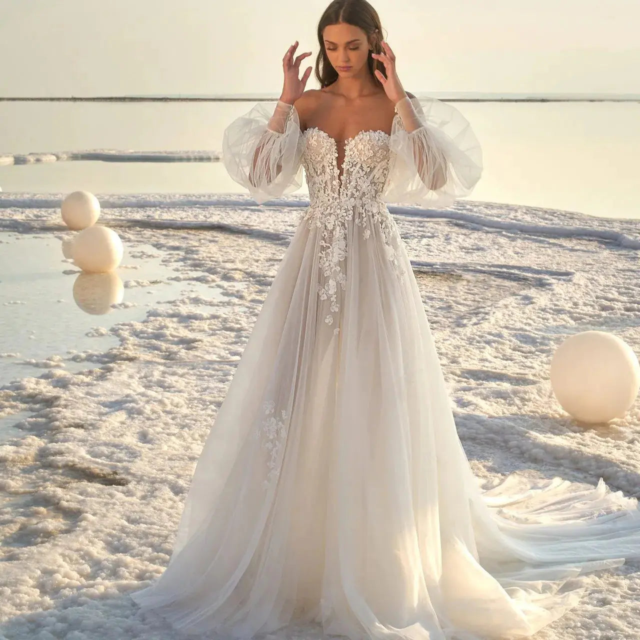 Puff Sleeve Beach Wedding Dress for Women