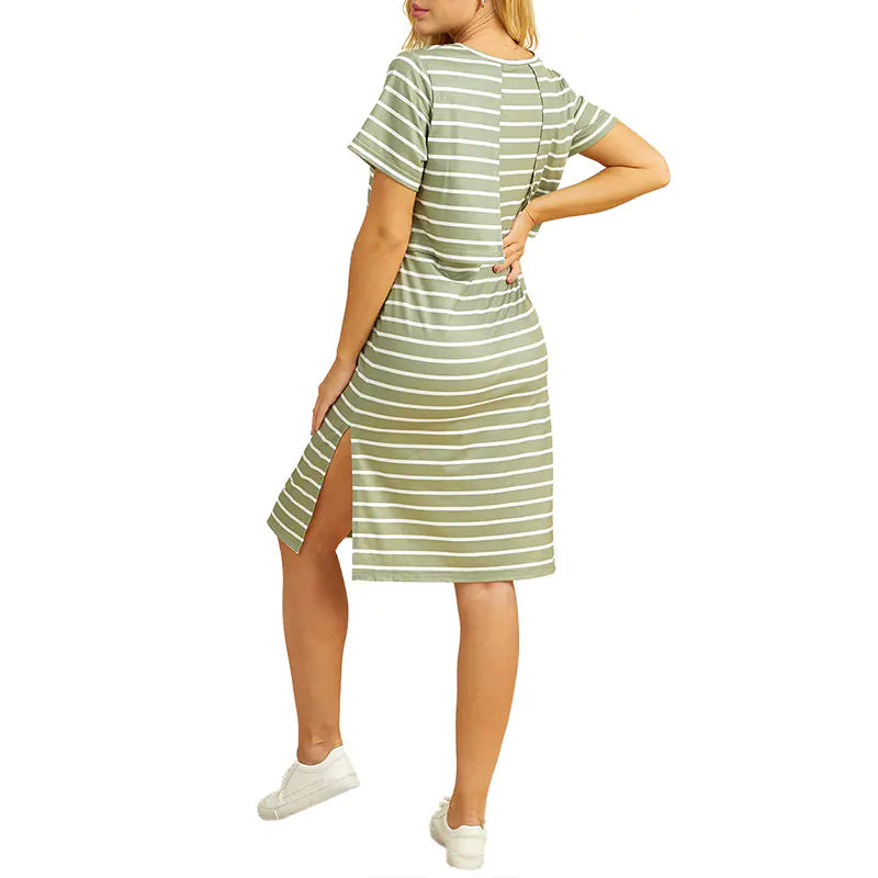 Maternity Nursing Short Sleeve Striped Summer Dress