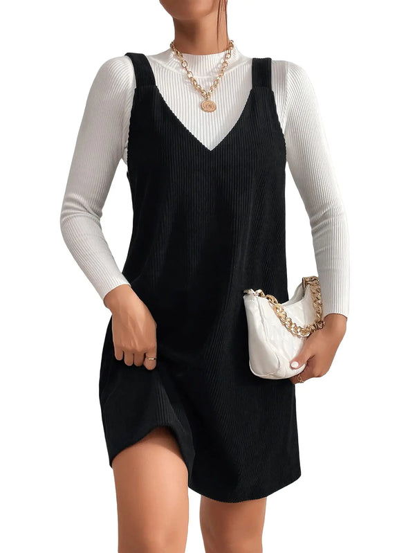 COZYEASE Womens Pinafore Corduroy Overall V Neck Sleeveless Mini Dress Without Top Black XXXXL