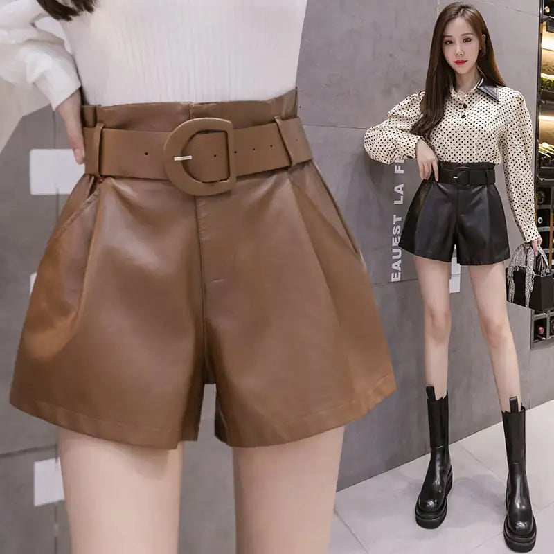 High Waist Wide Leg Leather Shorts for Women